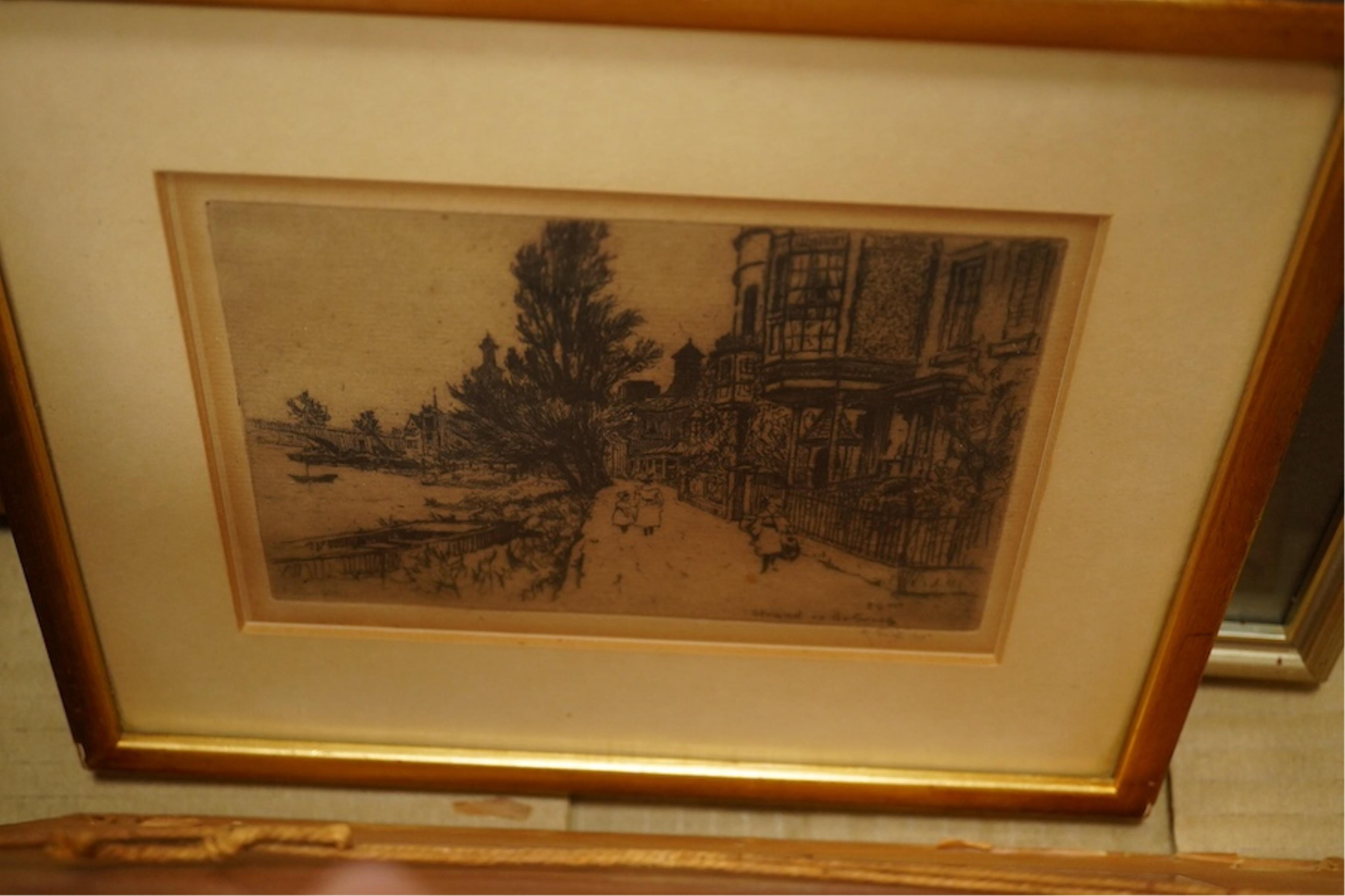 Three ink, pencil and charcoal portraits together with three etchings, three etchings to include Chiswick Mail and Strand on the Green, 35 x 24cm. Condition - fair, one glass cracked